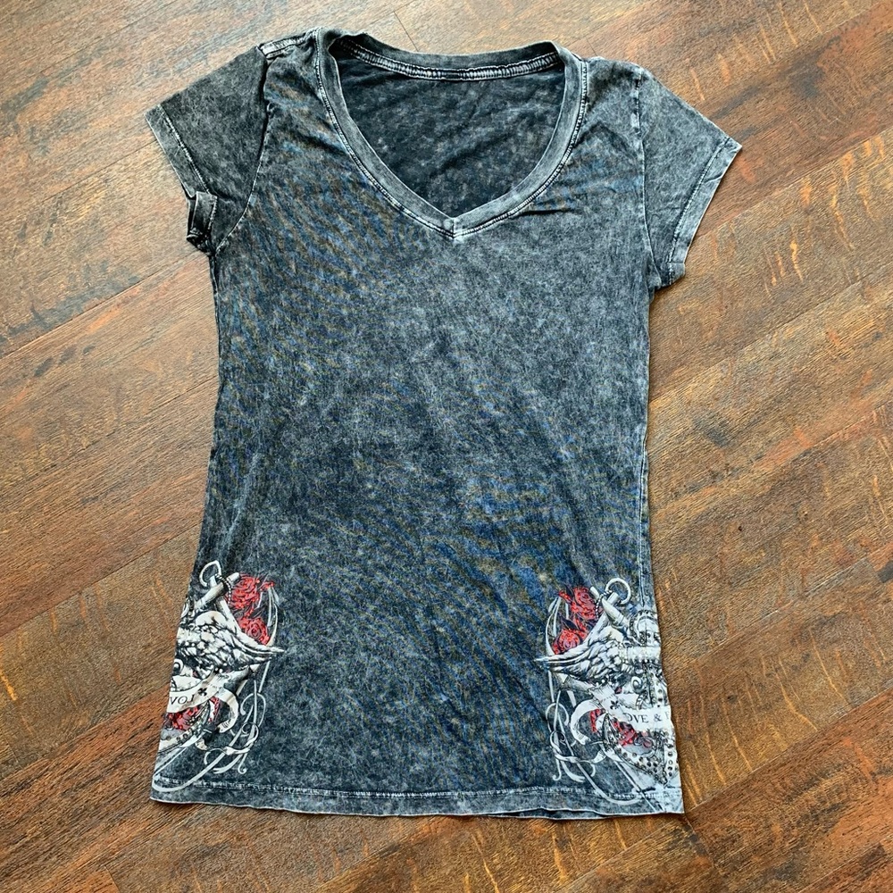 Love & Faith crystal embellished acid wash tee